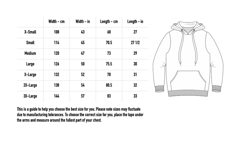 Size chart for Angel Bat Hoodie - Faded Black